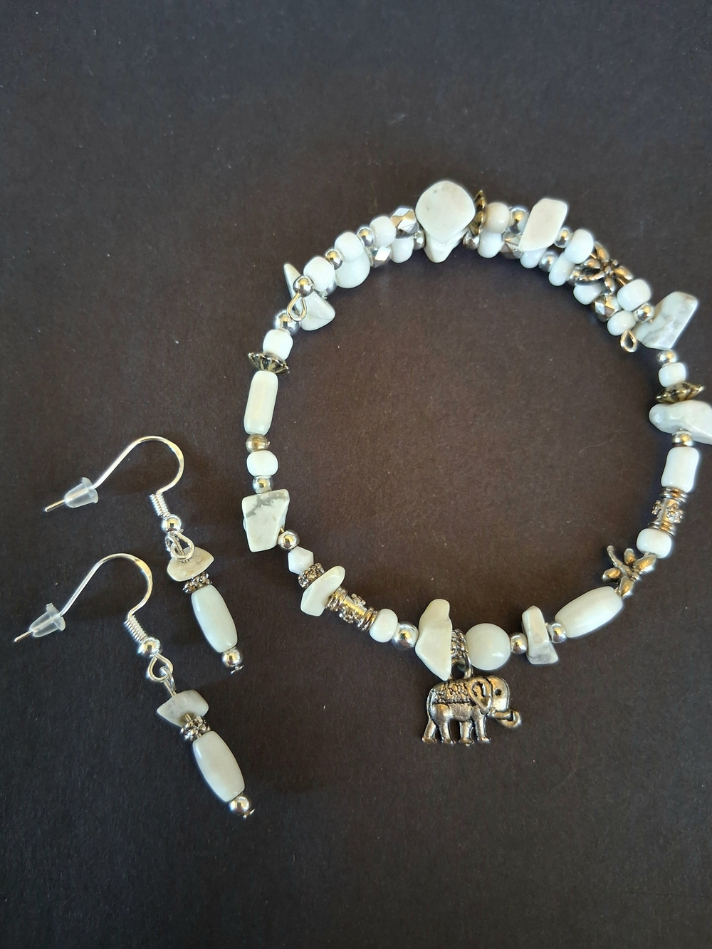 Handmade White Stone Beaded Bracelet and Earrings Set with Elephant Charm